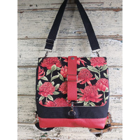 Medium convertible black canvas/red leather Satchel with Waratah panel