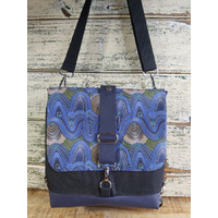 Medium convertible black canvas/deep indigo leather Satchel with blue dot panel