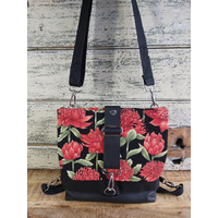 Small convertible black canvas/black leather Satchel with Waratah Panel